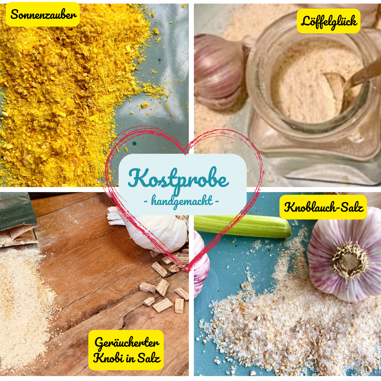 Kostproben selbstgemachte Gewürze zum Kennenlernen - Sonnenzauber, Löffelglück, Knobi-Salz und Geräucherter Knoblauch in Salz