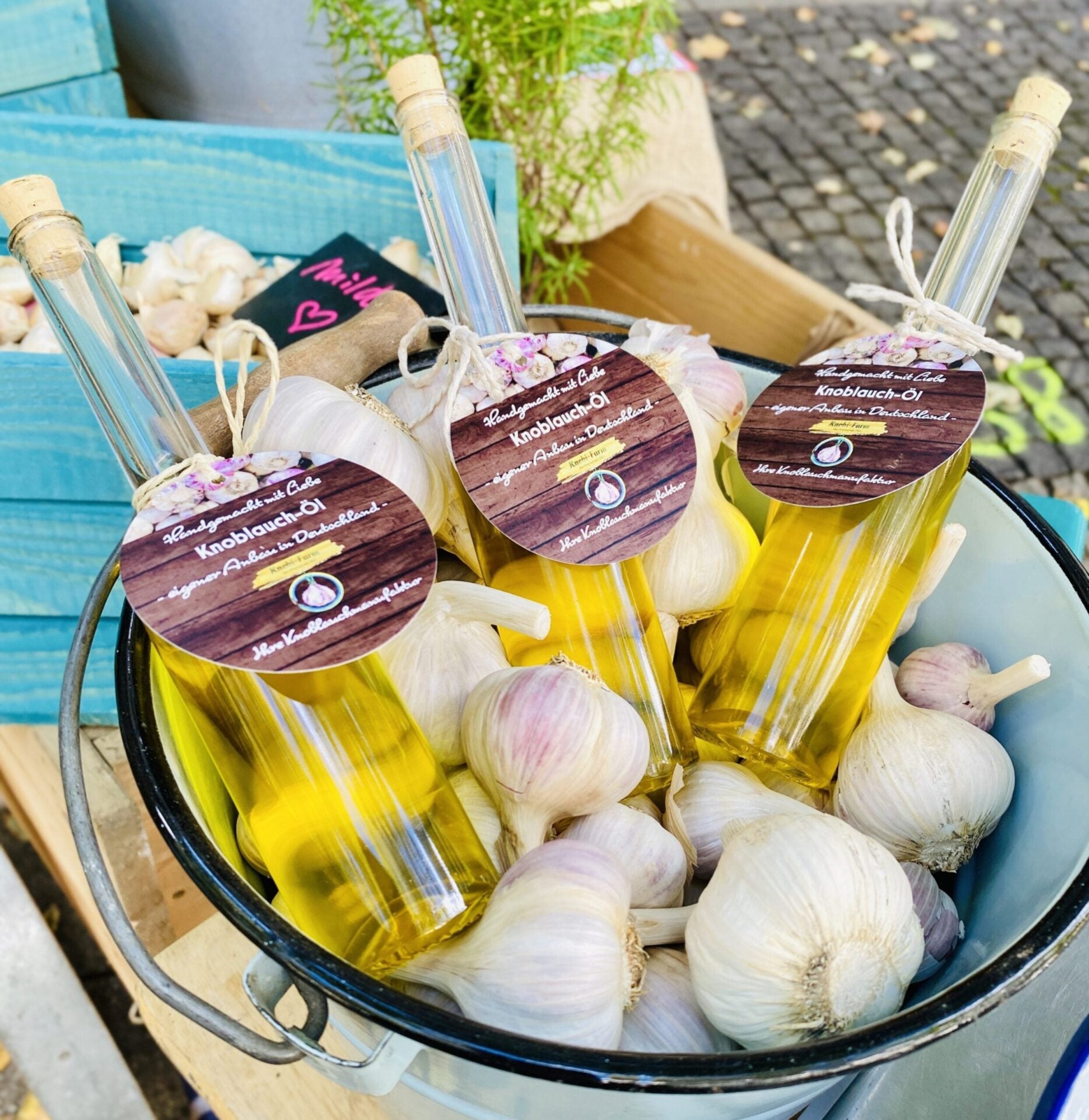 Handgemachtes Knoblauch-Öl in schlanken Flaschen in einem Emaille-Eimer voller Knoblauchknollen
